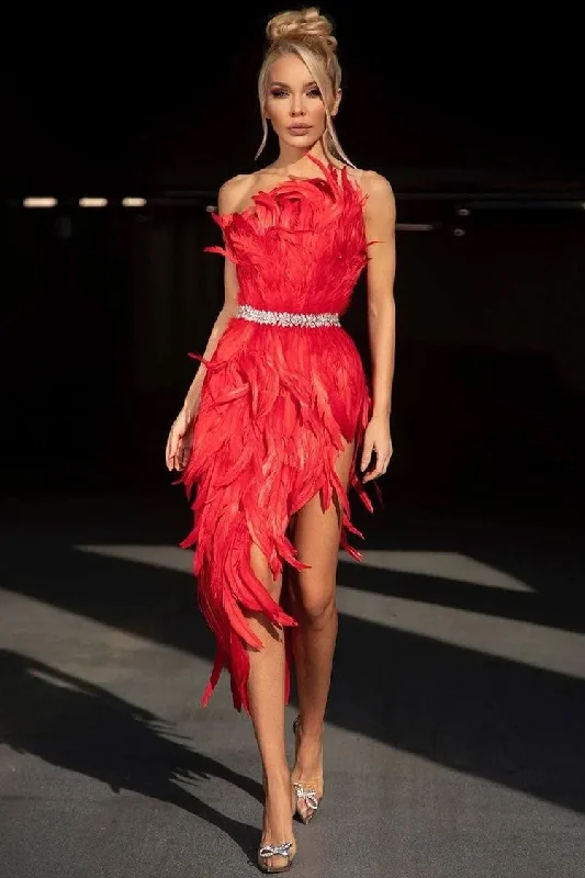 Formal Attire For Women Sparkly Crystal One Shoulder High Slit Feather Midi Dress - Red