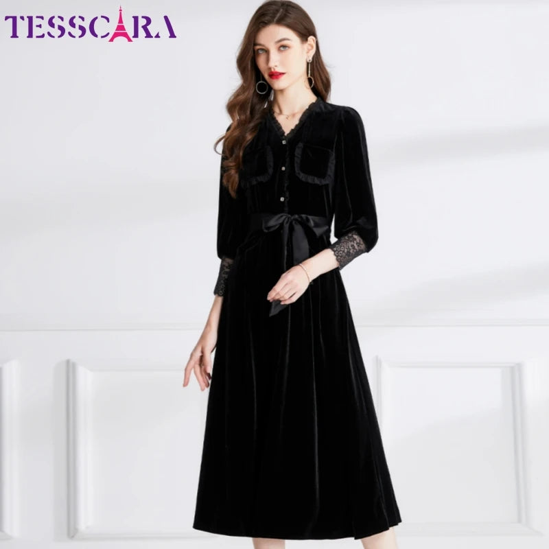 Women's Transitional Attire Black Velvet Cocktail  A-Line Midi Dress