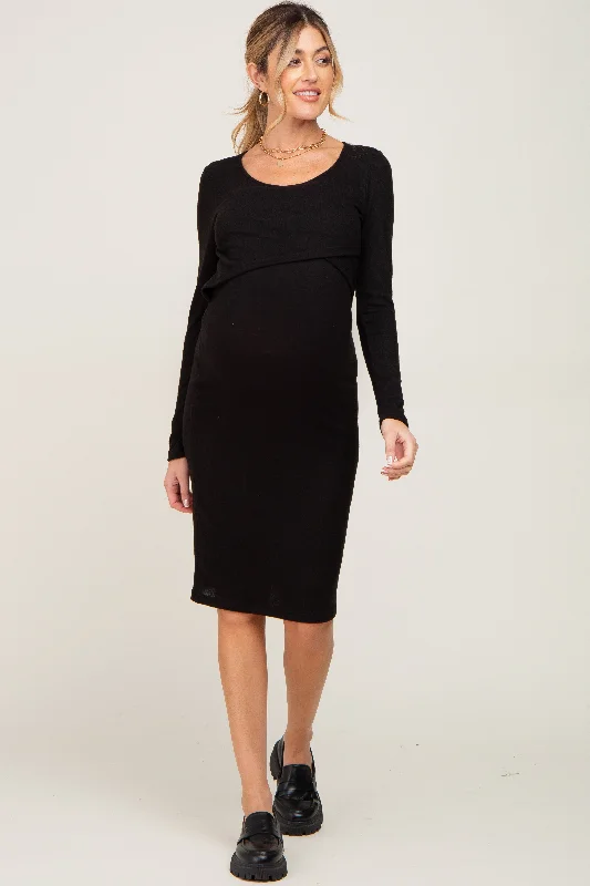 Women's Tailored Outfit Black Brushed Knit Long Sleeve Maternity Wrap Nursing Dress