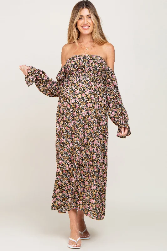 Luxury Women's Clothes Black Floral Off Shoulder Long Sleeve Maternity Maxi Dress