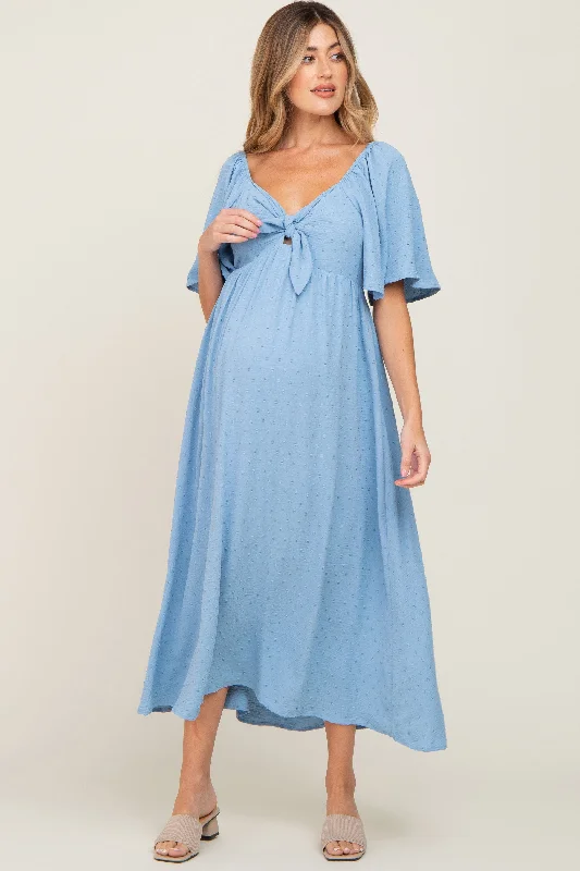 Women's Elegant Apparel Blue Textured Dot Front Tie Ruffle Sleeve Maternity Midi Dress