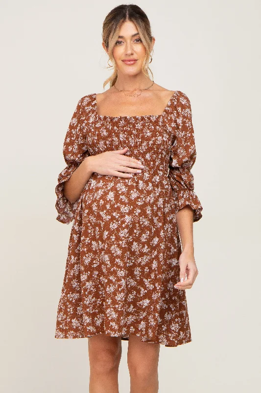 Stylish Women's Apparel Brown Floral Ruffle Sleeve Smocked Maternity Dress