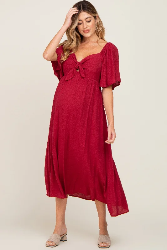 Women's Charming Outfit For Events Burgundy Front Tie Ruffle Sleeve Maternity Midi Dress