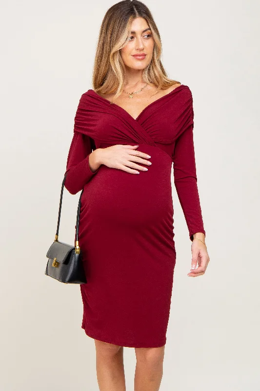 Women's Formal Clothes Burgundy Ruched Off Shoulder Long Sleeve Maternity Dress