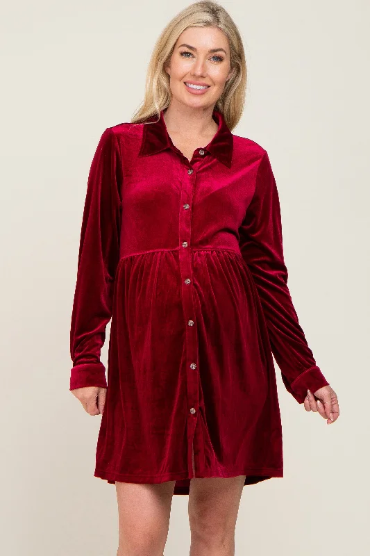 Affordable Women's Clothes Burgundy Velvet Button Down Maternity Mini Dress