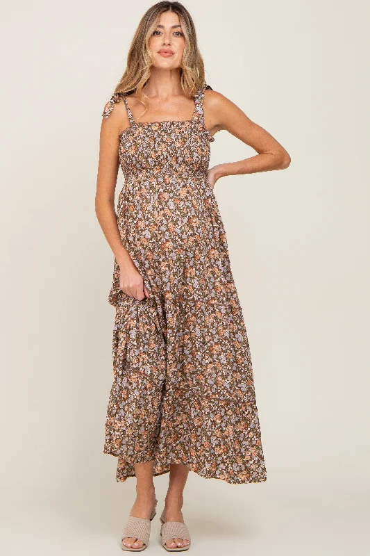 Women's Garments Camel Floral Sleeveless Tiered Maternity Maxi Dress