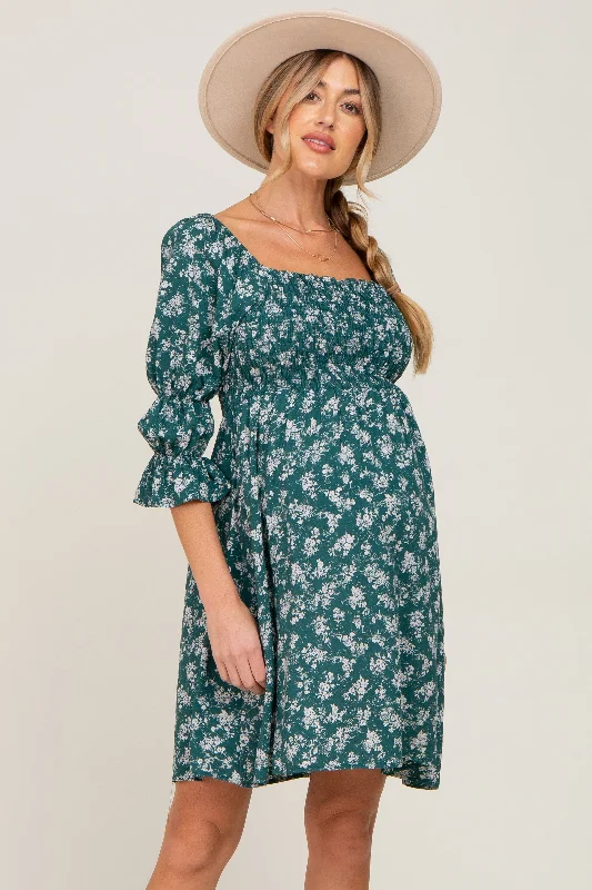 Women's Activewear Garments Forest Green Floral Ruffle Sleeve Smocked Maternity Dress