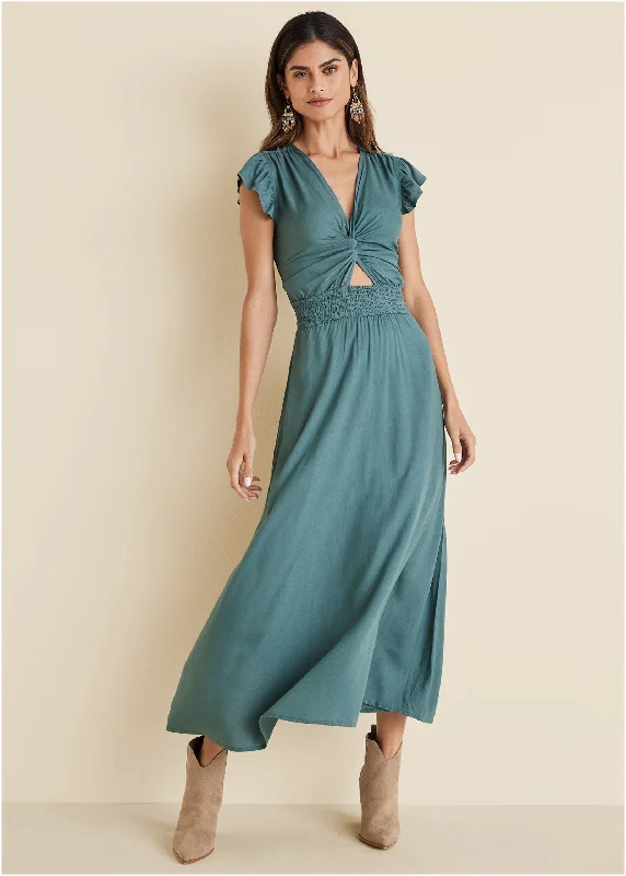 Stylish Outerwear Clothes For Women Twist Front Maxi Dress - Green