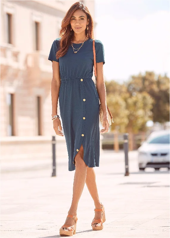 Women's Party Outfit Button Detail Midi Dress - Blue