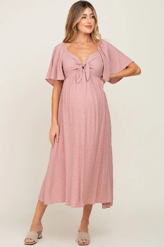 Women's Clothing And Garments Sets Mauve Front Tie Ruffle Sleeve Maternity Midi Dress