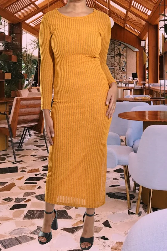 Casual Clothing For Women Mustard Ribbed Tie Up Dress