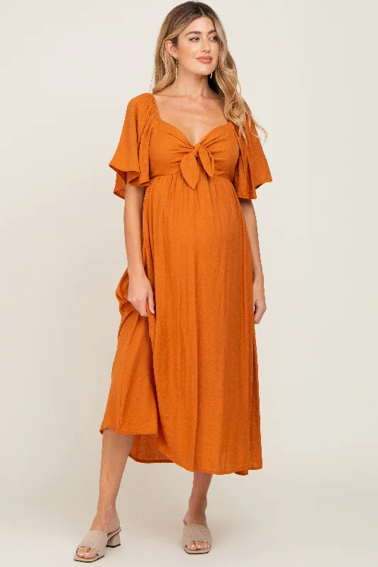 Women's Fashion-Forward Apparel Rust Front Tie Ruffle Sleeve Maternity Midi Dress