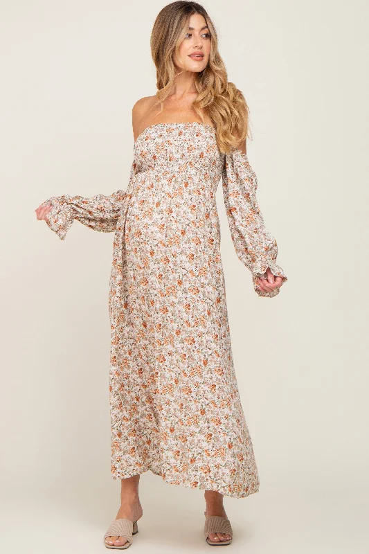 Women's Clothes And Apparel Sets Taupe Floral Off Shoulder Long Sleeve Maternity Maxi Dress