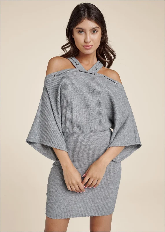 Stylish Outerwear Clothes For Women Cold-Shoulder Ribbed Mini Dress - Heather Grey