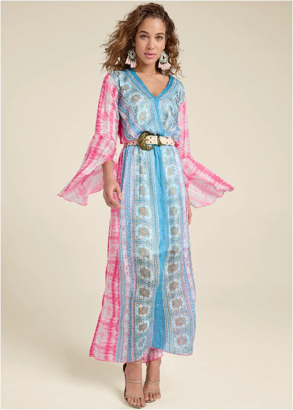 Women's Comfortable Lounge Attire Printed Maxi Dress - Pink Multi