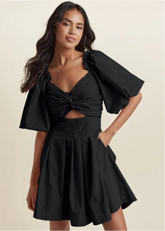 Stylish Women's Garments For Holidays Puff Sleeve Taffeta Dress - Black