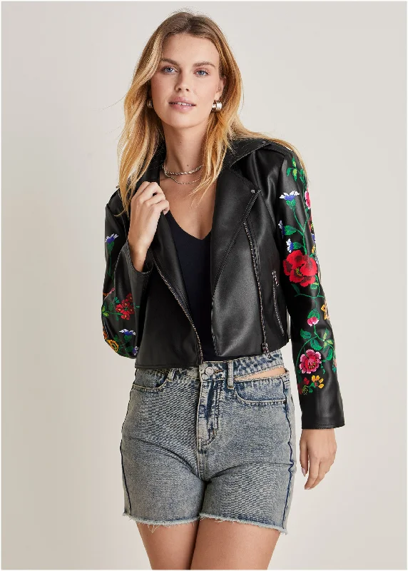 Women's Trendy Clothing Printed Faux-Leather Jacket - Black