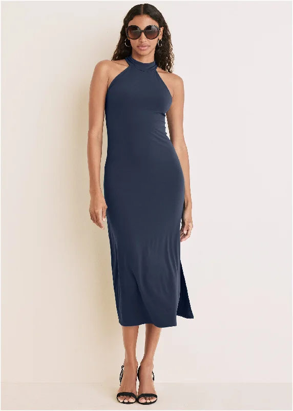 Sustainable Women's Clothing High Neck Midi Dress - Navy